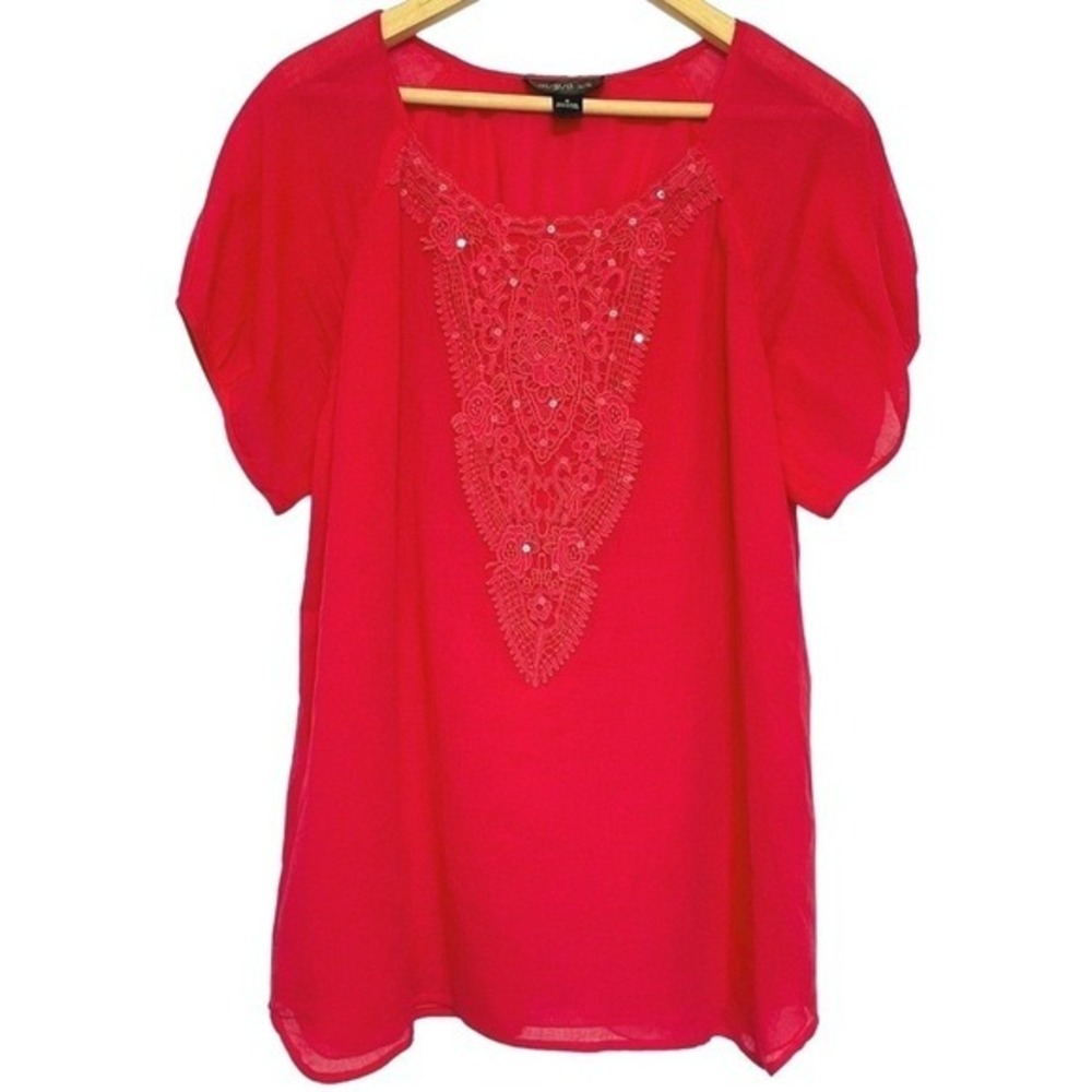 August Silk Cherry Red‎ Puff Sleeve Top Womens M Cotton Sparkle Fairy Blouse